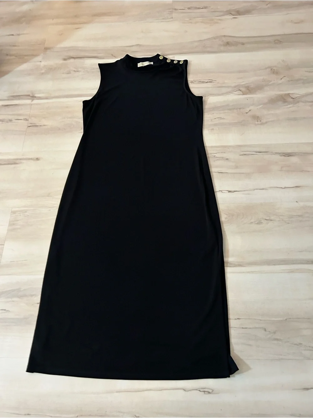 Michael Michael Kors Black Maxi Dress M  Gold Button Mock Neck Sleeveless Luxury